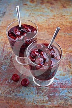 Kissel with cherries in a glass