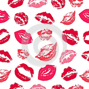 Kisses seamless pattern. Pink red kiss female lips with lipstick. Isolated lip silhouettes, romantic sexy fabric print