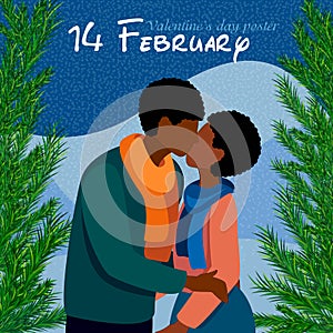 Kissing African American Couple in Love. Valentine`s Day poster