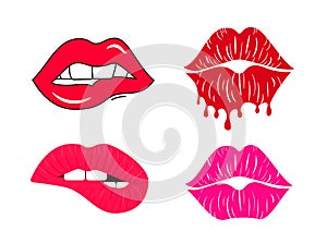 Kissing and biting lips collection. Melting lipstick. Dripping paint. Isolated vector illustration set.