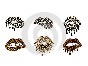 Kissing and biting lips with leopard print collection. Dripping paint. Cheetah design. Isolated vector illustration set.