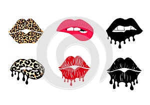 Kissing and biting lips with leopard print collection. Melting lipstick. Isolated vector illustration. Trendy sticker