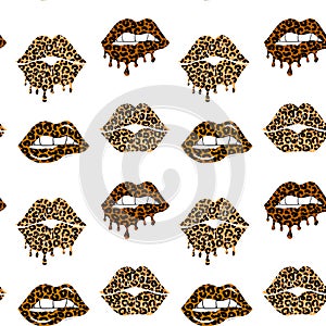 Kissing and biting lips with leopard print. Melting lipstick. Seamless pattern. Isolated stock vector illustration