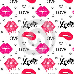 Kissing and biting lips. Melting lipstick. Seamless pattern. Love lettering. Isolated vector illustration.