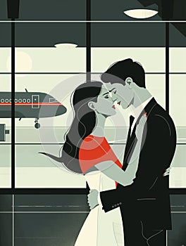 Kissing couple in the airport. Black and red palette. Flat illustration for web design. Vertical