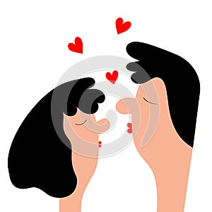 Kissing couple. Red heart. Man and woman face. Cute cartoon funny character. Smooch kiss. Black hair. Happy Valentines Day. Love