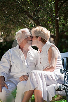 Kissing couple sitting in a garden