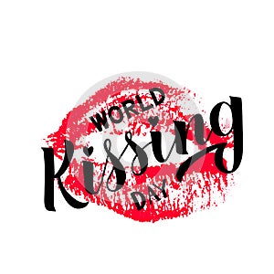 Kissing day hand lettering with lipstick kiss isolated on white. Imprint of red lips. Easy to edit template for typography poster
