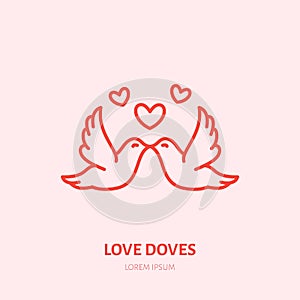 Kissing doves illustration. Two flying birds in love flat line icon, romantic relationship. Valentines day greeting sign photo