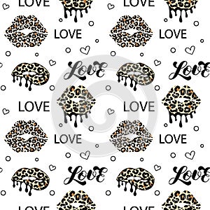 Kissing lips with leopard print. Melting lipstick. Seamless pattern. Love lettering. Isolated vector illustration.