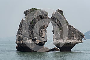 Kissing rock or Chicken rock at Halong bay northeast Vietnam is towering limestone islands topped by rainforests