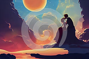 kissing romantic scene of a coule at the sunset, red dressed girl, ai generated image
