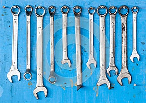 Kit of adjustable grunge metallic wrench with dirty blue b