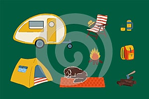 Kit for Campers RV and life in the forest. Camping set illustrations of a campfire, a dog, firewood, a thermos, a