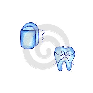 Kit for cleaning teeth and mouth. Dental floss, tooth image. Icon. Blue items on a white background.