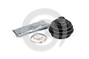 A kit consisting of anther of clamps and a grease bag for replacing anther of CV joints on a white isolated background.