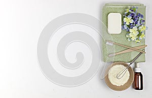 Kit of eco cosmetics bath tools. Soap, bamboo toothbrush, natural brush, towel. Zero waste, Plastic free. Sustainable lifestyle