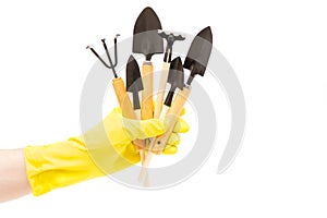 Kit of garden hand tools in male hand wearing a yellow glove isolated on white