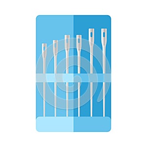 Kit needle for sewing isolated on white background. Needles for tailoring in blue packaging in style flat