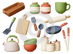 Kitchen 3d tools and crockery. Realistic render cutlery, bowls and jars. Canteen, cafe or restaurant equipment. Pan and