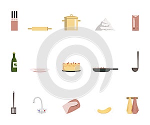 Kitchen accessories flat vector illustrations set. Cooking equipment and food ingredients, culinary icons pack. Rolling