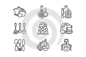 Kitchen accessories icons set linear style