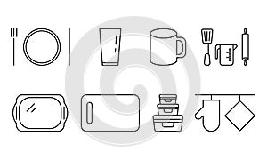 Kitchen accessories vector black icon. EPS 10..... Cutlery, plate. Kitchen tools. Glass, mug, tray.. Kitchen board sign.