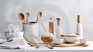 Kitchen accessories in white wooden table and white background and white tableware with salt in wooden bowl. Generative Ai