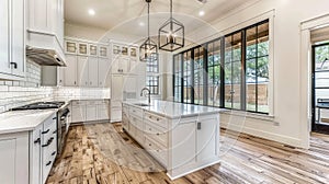 a kitchen adorned with white cabinets, warm wood floors, and expansive windows, epitomizing the fusion of rustic