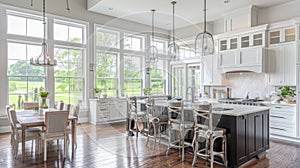 a kitchen adorned with white cabinets, warm wood floors, and expansive windows, epitomizing the fusion of rustic