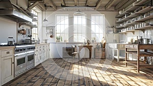 a kitchen adorned with white cabinets, warm wood floors, and expansive windows, epitomizing the fusion of rustic