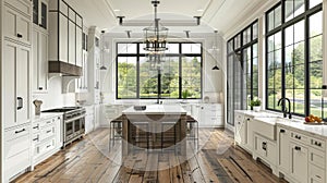 a kitchen adorned with white cabinets, warm wood floors, and expansive windows, epitomizing the fusion of rustic