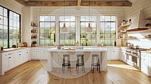 a kitchen adorned with white cabinets, warm wood floors, and expansive windows, epitomizing the fusion of rustic