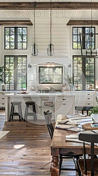 a kitchen adorned with white cabinets, warm wood floors, and expansive windows, epitomizing the fusion of rustic