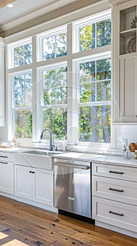 a kitchen adorned with white cabinets, warm wood floors, and expansive windows, epitomizing the fusion of rustic