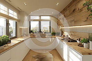 A kitchen with ample counter space for storage and food preparation