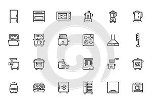 Kitchen appliance line icon set. Oven, mixer, dishwasher, food processor, combi steamer minimal vector illustrations