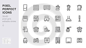 Kitchen appliance line icon set. Oven, mixer, dishwasher, food processor, combi steamer minimal vector illustrations