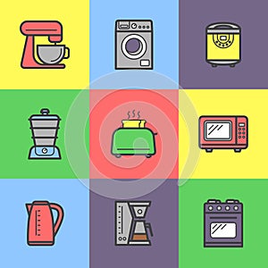 Kitchen appliances colorful icons set .