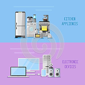 Kitchen appliances and electronic devices horizontal flat banners