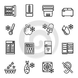 Kitchen Appliances, Equipment, Freeze Refrigerator icon set. Line style stock vector.