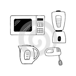 Kitchen appliances microwave oven, mixer, electric kettle, blender set icon. hand drawn doodle style. vector, minimalism,