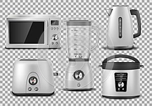 Kitchen appliances. Realistic microwave, kettle, blender, oven, juicer, toaster, multicooker silver mockup. Set of