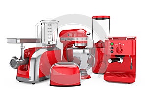 Kitchen Appliances Set. Red Blender, Toaster, Coffee Machine, Me