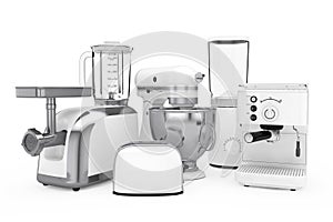 Kitchen Appliances Set. White Blender, Toaster, Coffee Machine,