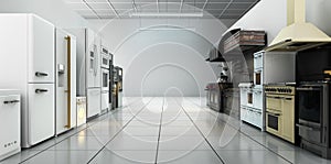 Kitchen appliances in supermarcket 3d render image background