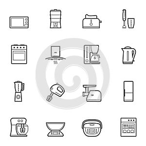 Kitchen appliances vector line style icon set
