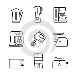 Kitchen appliances vector line style icon set