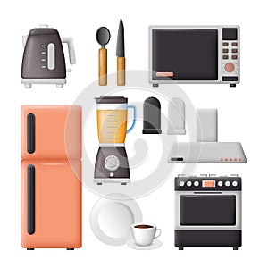 Kitchen appliances. Vector set of household electric appliances and utensils. Microwave, fridge, kettle, blender, oven