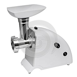 Kitchen appliances. white food processor. Steel meat grinder. side view on a white background